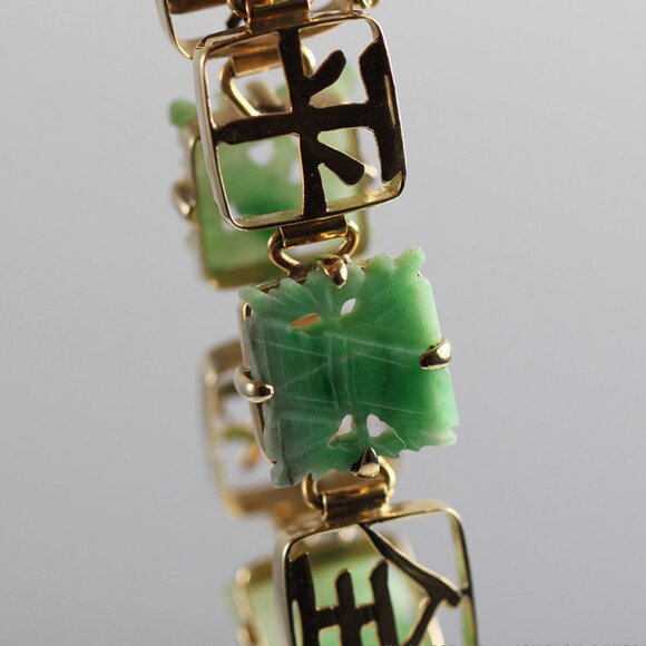 VINTAGE JADE CARVED GREEN CHINESE 14K YELLOW GOLD BRACELET - Picture 8 of 12